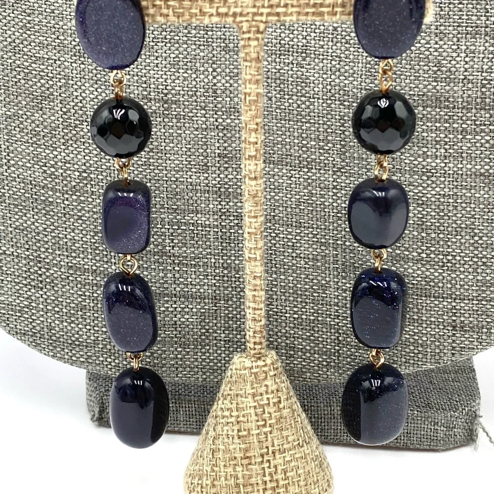 Earrings Artisan Stone ? Beaded Dark Navy Gold Specks Heavy 4”